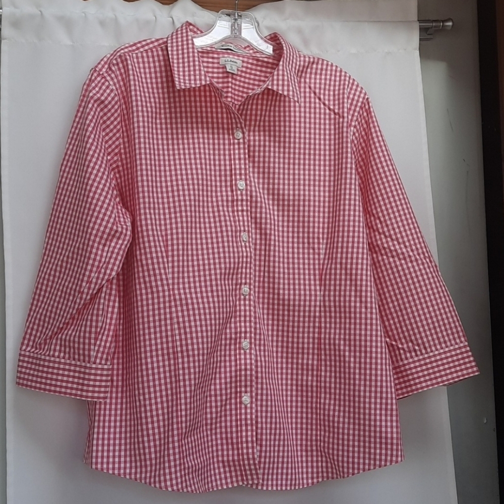LL Bean Wrinkle Free 3/4 Sleeve Gingham Button-Down Top